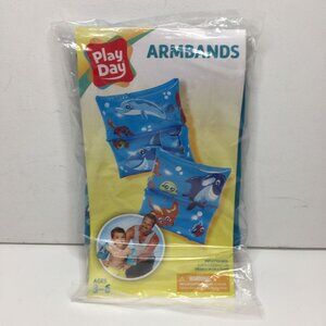 Play Day Armbands 6.25"X5.5"X4.5" Inflated Kids Pool Summer Fun Blue Fish Sharks